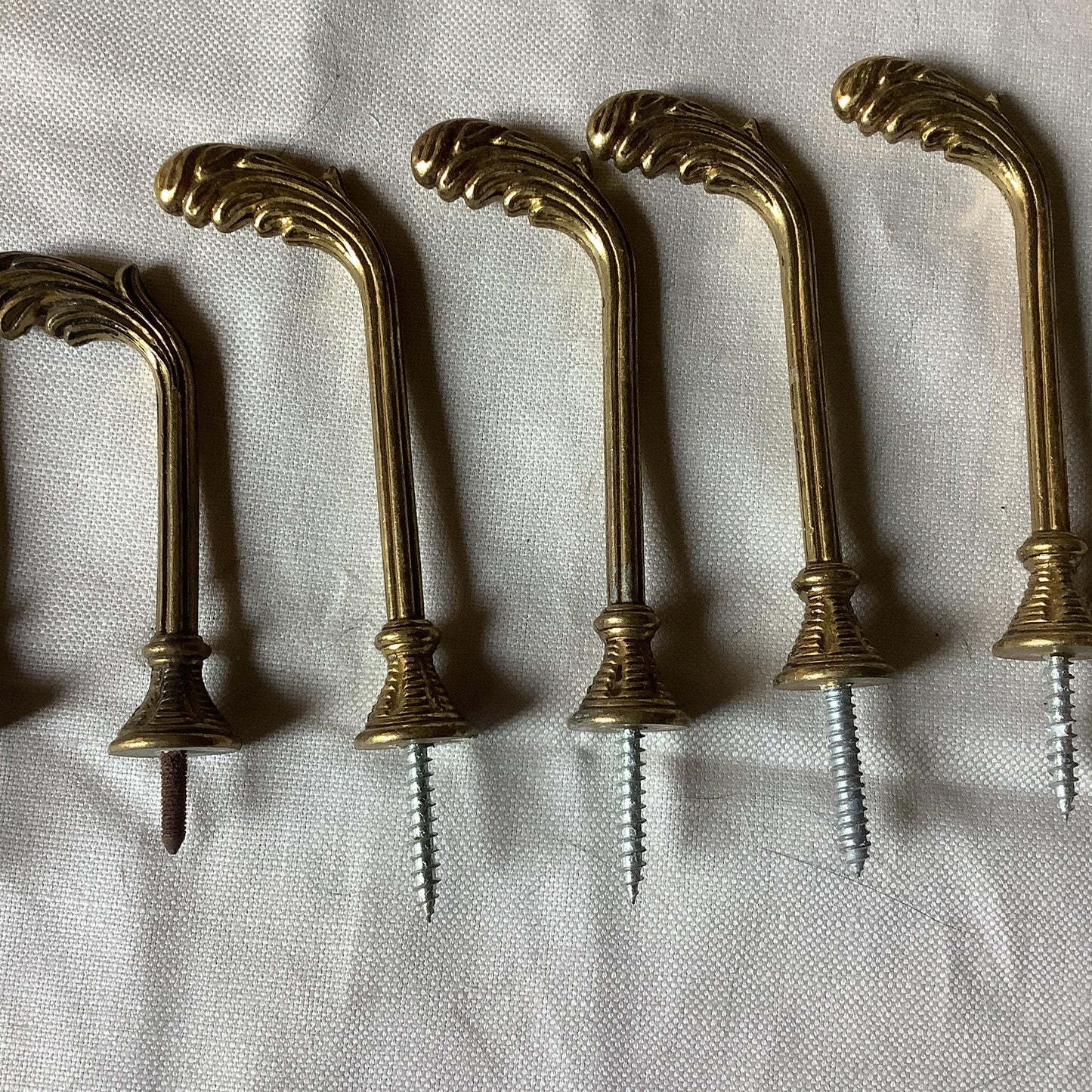 Antique French Eight Brass Curtain Tie-backs / clothing hooks 1950s made in France Three different lengths