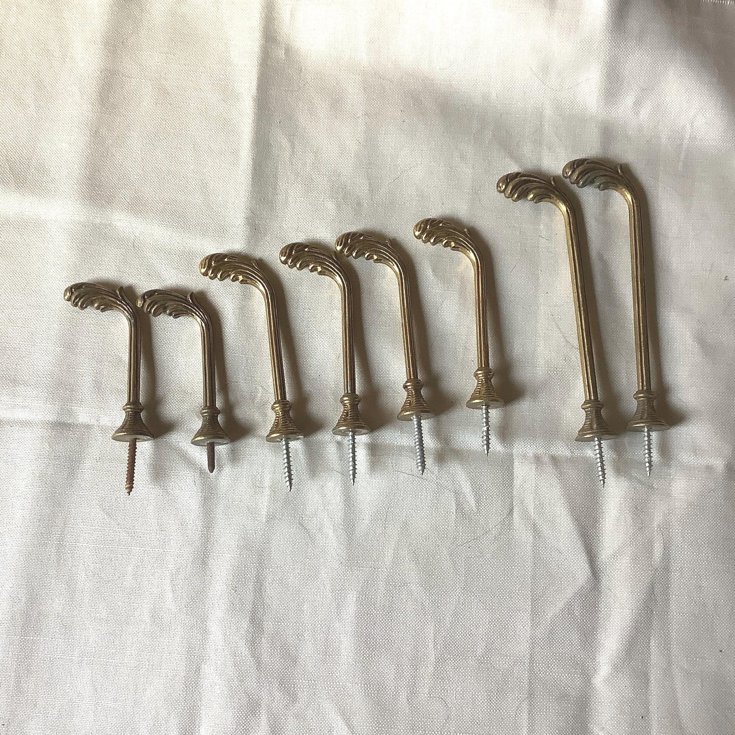 Antique French Eight Brass Curtain Tie-backs / clothing hooks 1950s made in France Three different lengths