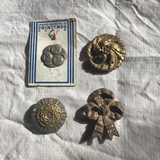 Four Antique Picture Hook Covers / Mounts / Buttons - 1800's Elaborate Made in France brass ribbons and lion