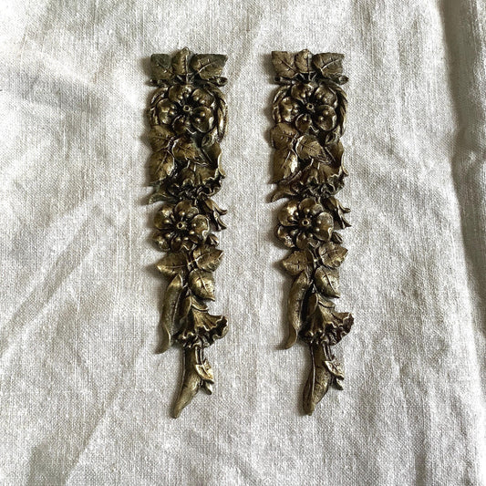 Antique French Ormolu Silver  Flowers Decorative Hardware Furniture 1900s Two  pieces