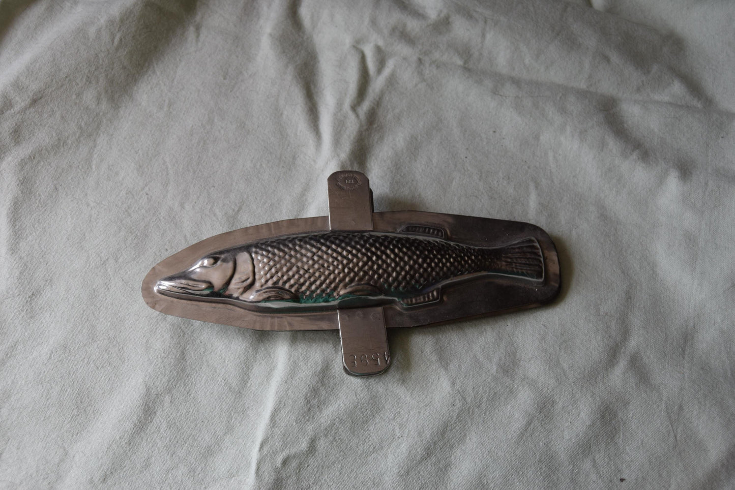 Antique 1950s chocolate Fish Pike mould / mold metal cast, made in a France by L’Etang professional chocolaterie mould number 4595