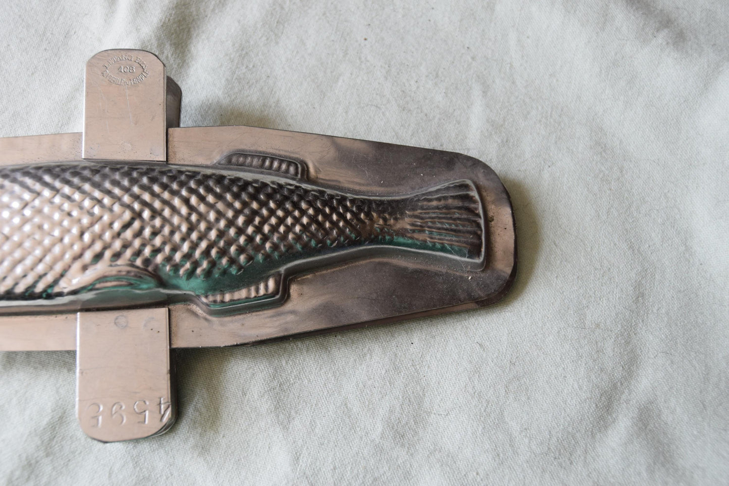 Antique 1950s chocolate Fish Pike mould / mold metal cast, made in a France by L’Etang professional chocolaterie mould number 4595