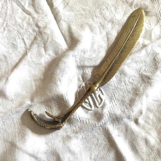 Vintage Antique 1930s Bronze Letter Opener Gothic Chicken Claw and Feather, made in France