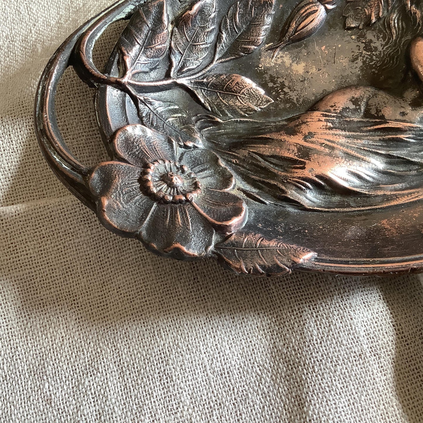 1920s Antique Art Nouveau Brass  Pin Tray Made in France Women with Flowers