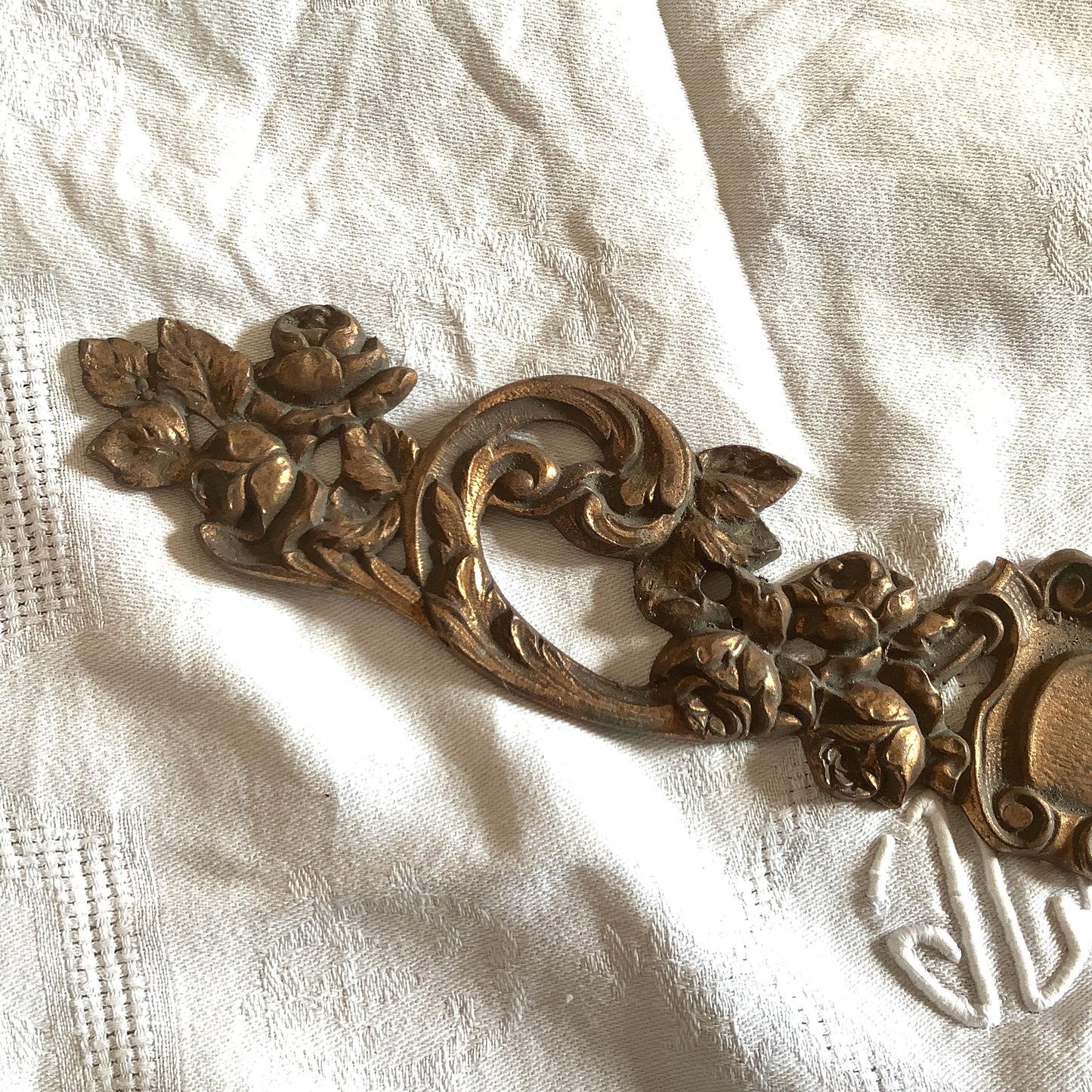 Antique French Brass Decorative Roses Classical Hardware for Furniture 1900s One Piece made in France with patina