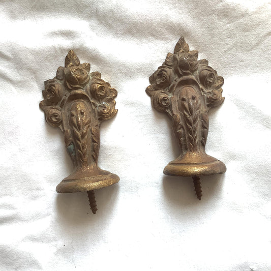 Antique French Ormolu Gilt Brass Finials Curtain Pole ends 1900s Made in France Flowers