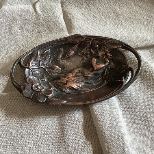 1920s Antique Art Nouveau Brass  Pin Tray Made in France Women with Flowers