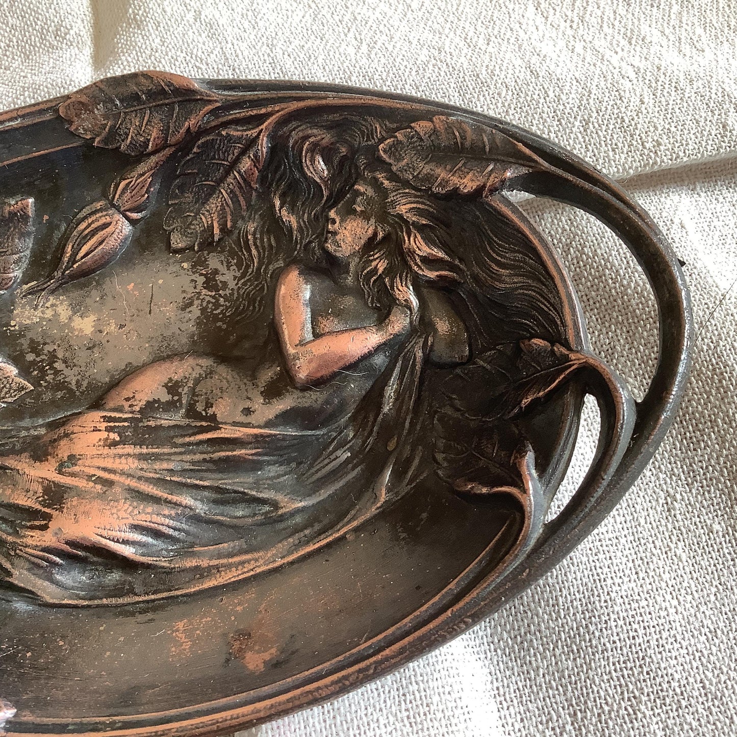 1920s Antique Art Nouveau Brass  Pin Tray Made in France Women with Flowers