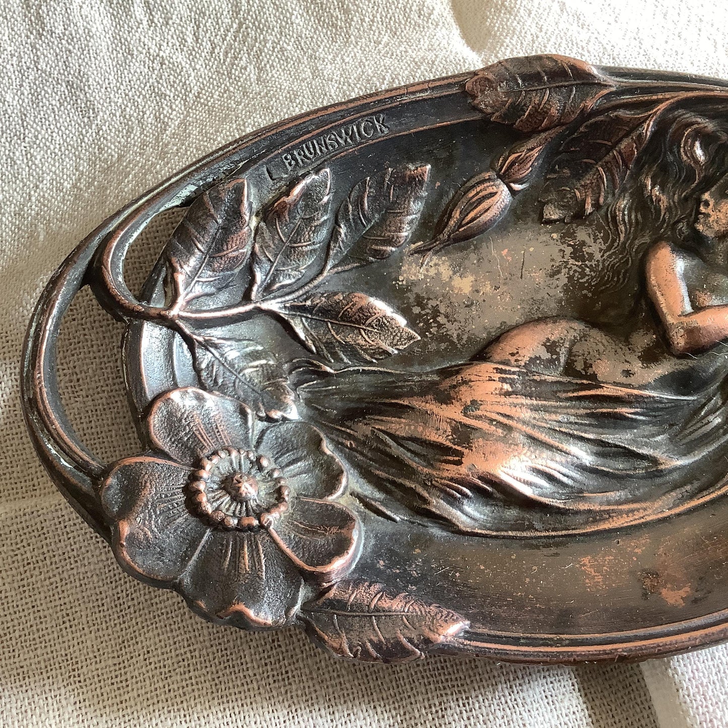 1920s Antique Art Nouveau Brass  Pin Tray Made in France Women with Flowers