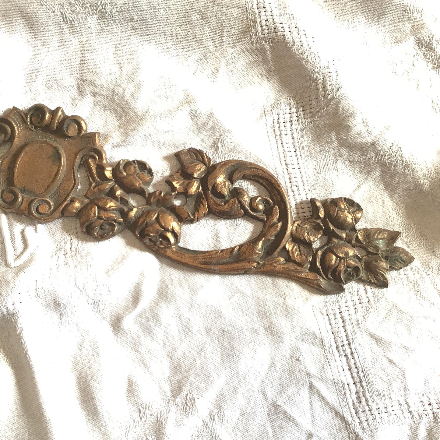 Antique French Brass Decorative Roses Classical Hardware for Furniture 1900s One Piece made in France with patina