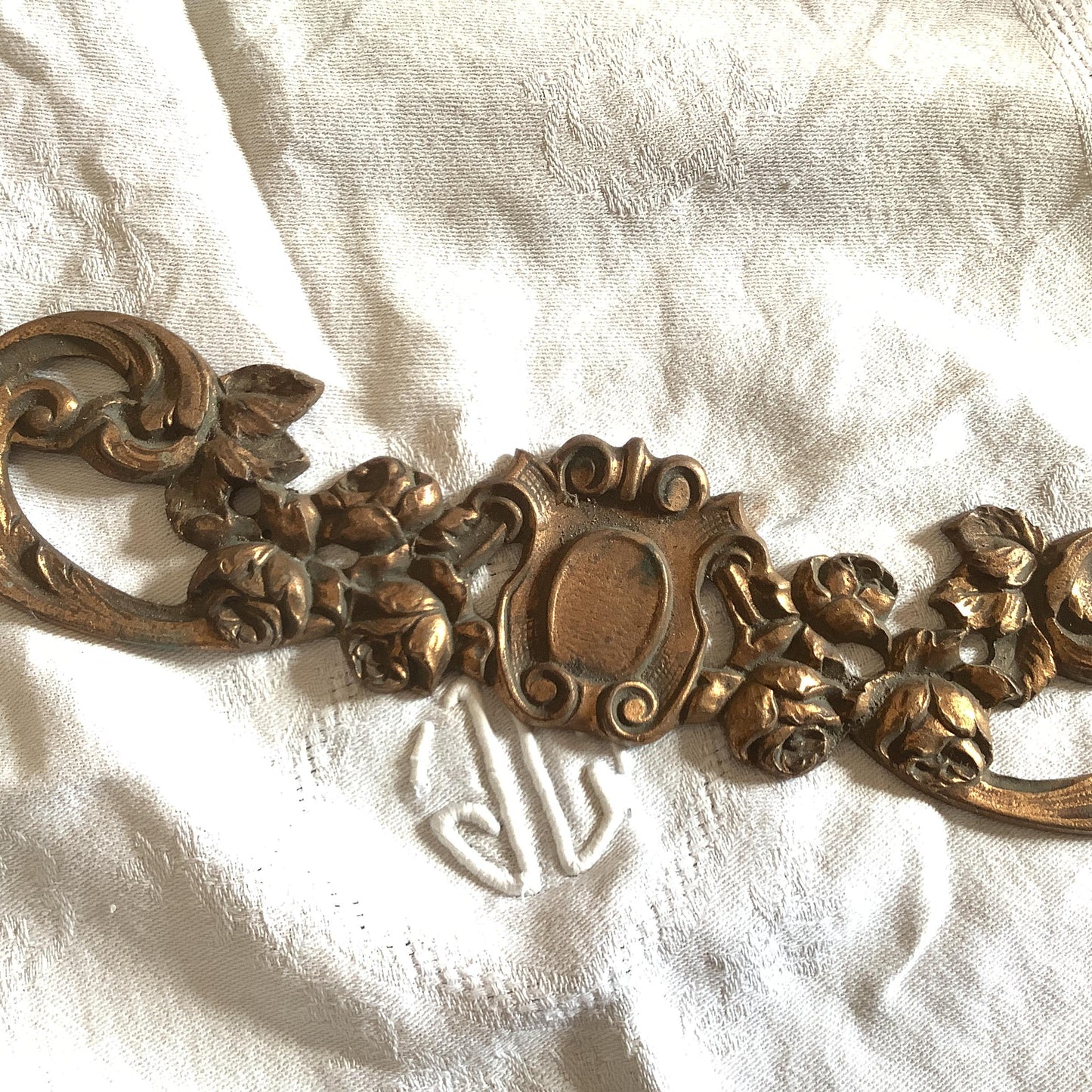 Antique French Brass Decorative Roses Classical Hardware for Furniture 1900s One Piece made in France with patina