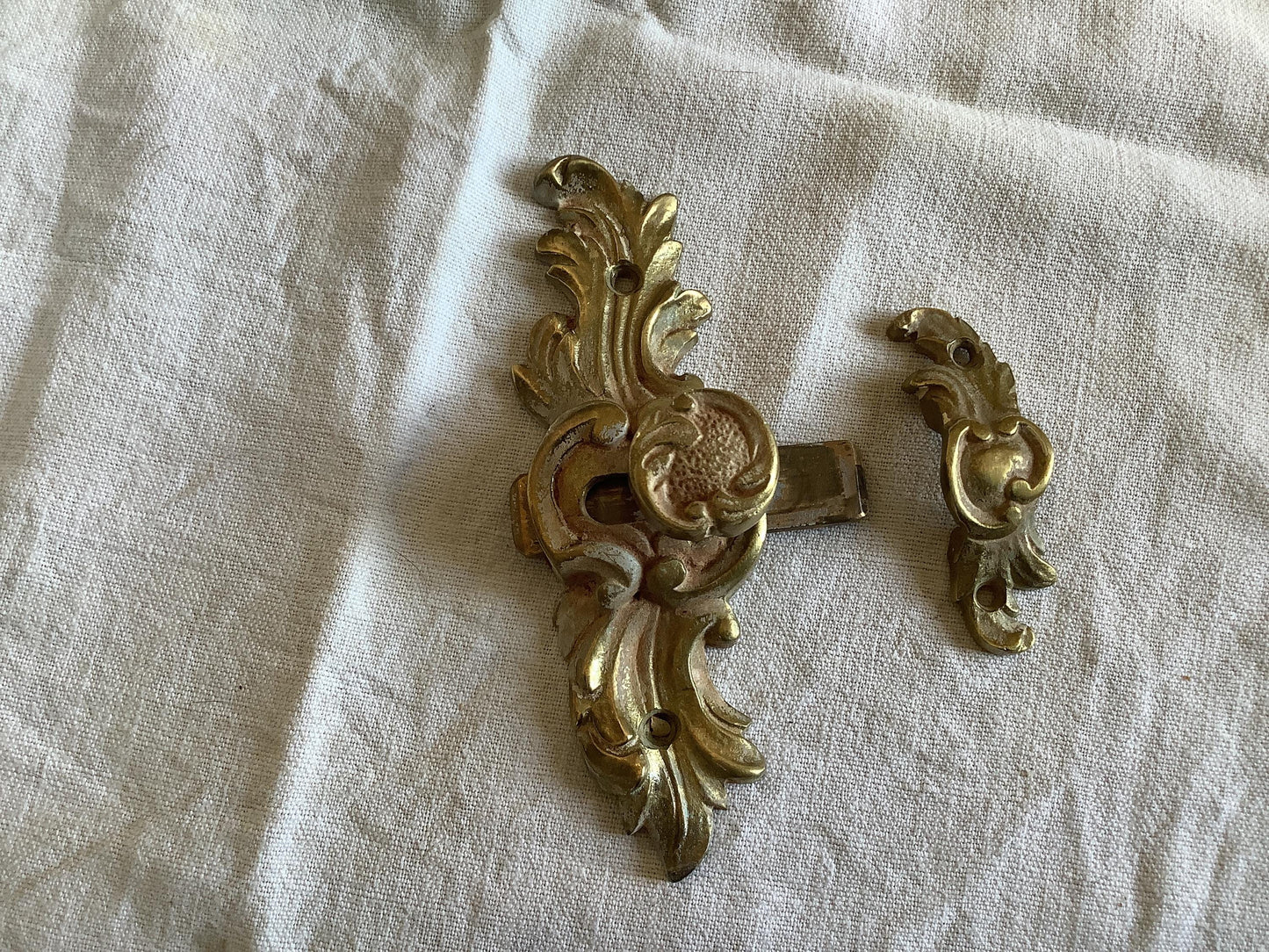 Antique Decorative Brass Sliding Door Bolts 1900s, made in France, previously used