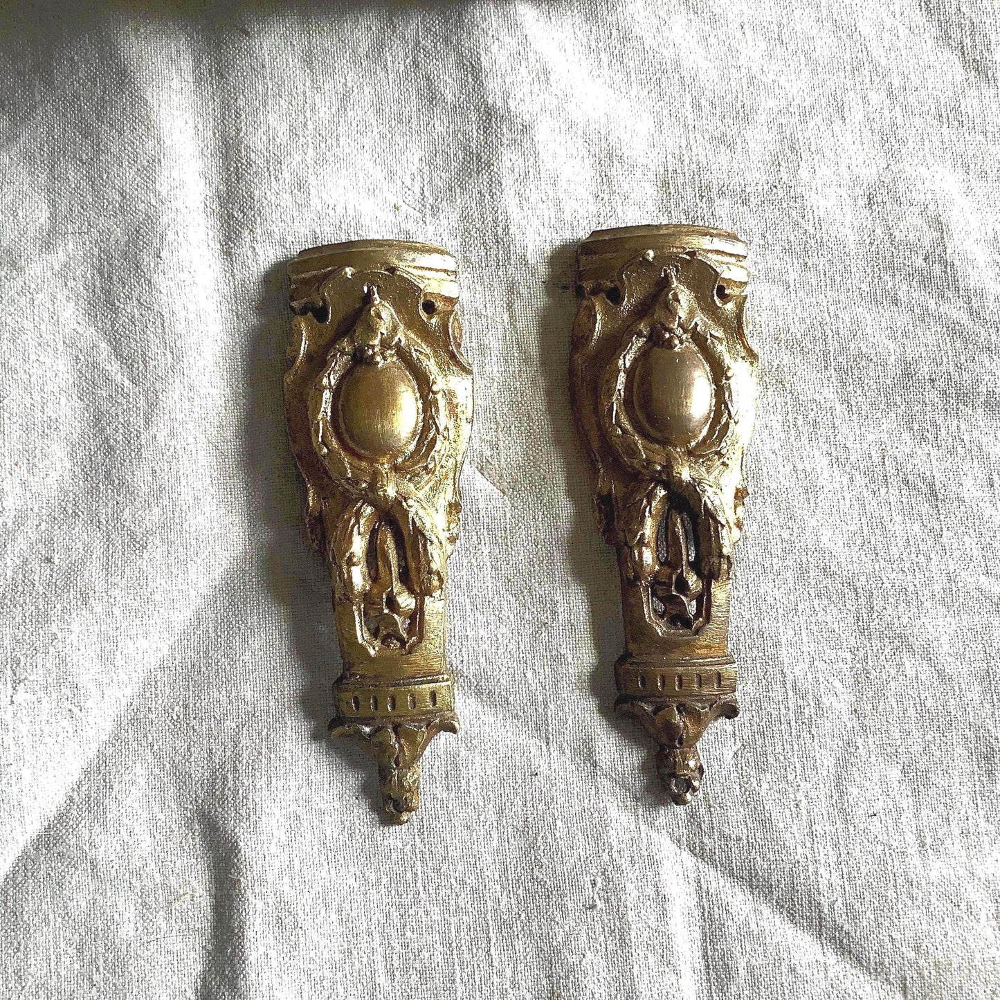 Antique Petite Pair of French Ormolu Brass  Decorative Hardware Furniture 1900s Two  pieces