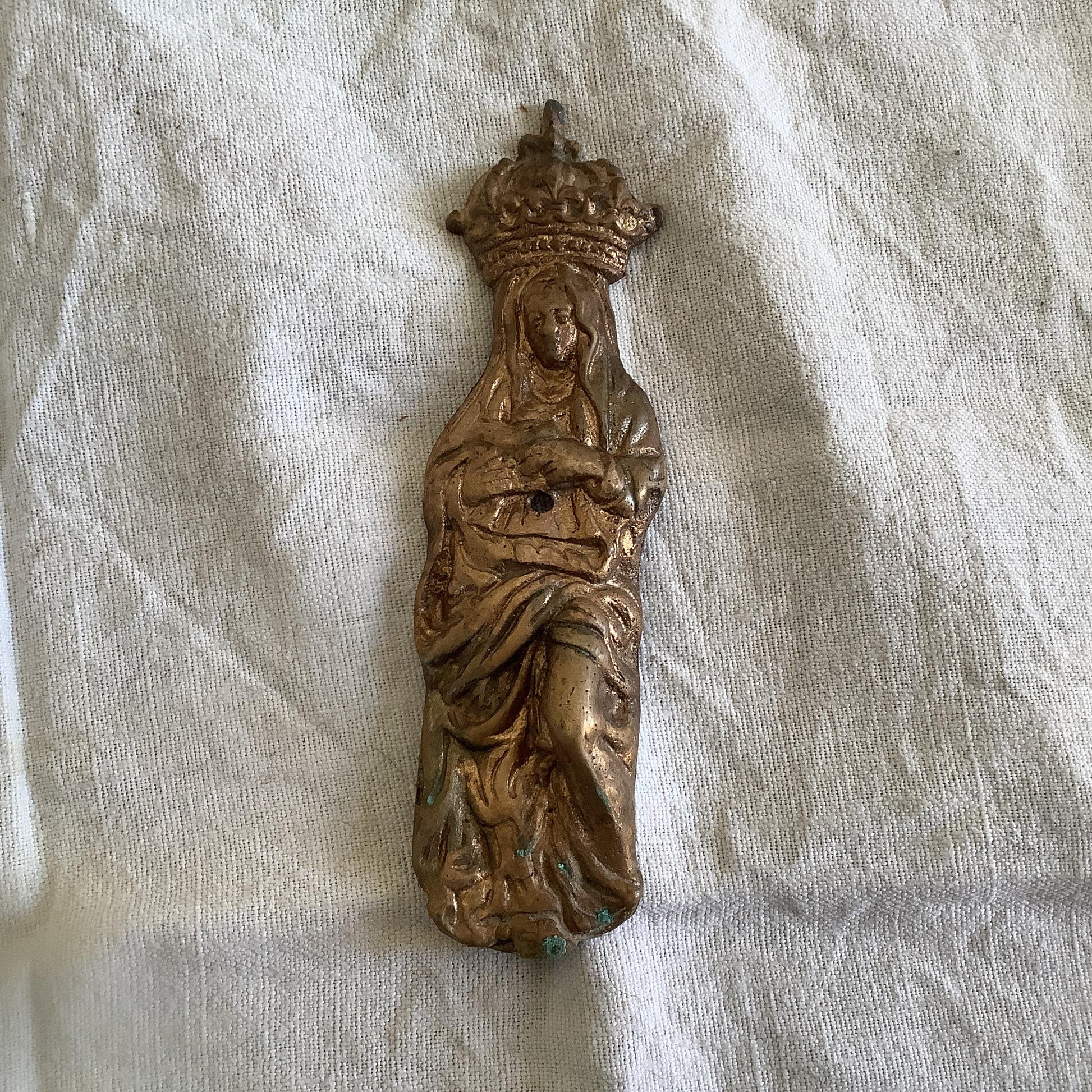 Antique French Petite Classical Ormolu Brass Decorative Vintage Hardware for Furniture 1900s One Piece “Virgin Mary” Made in France