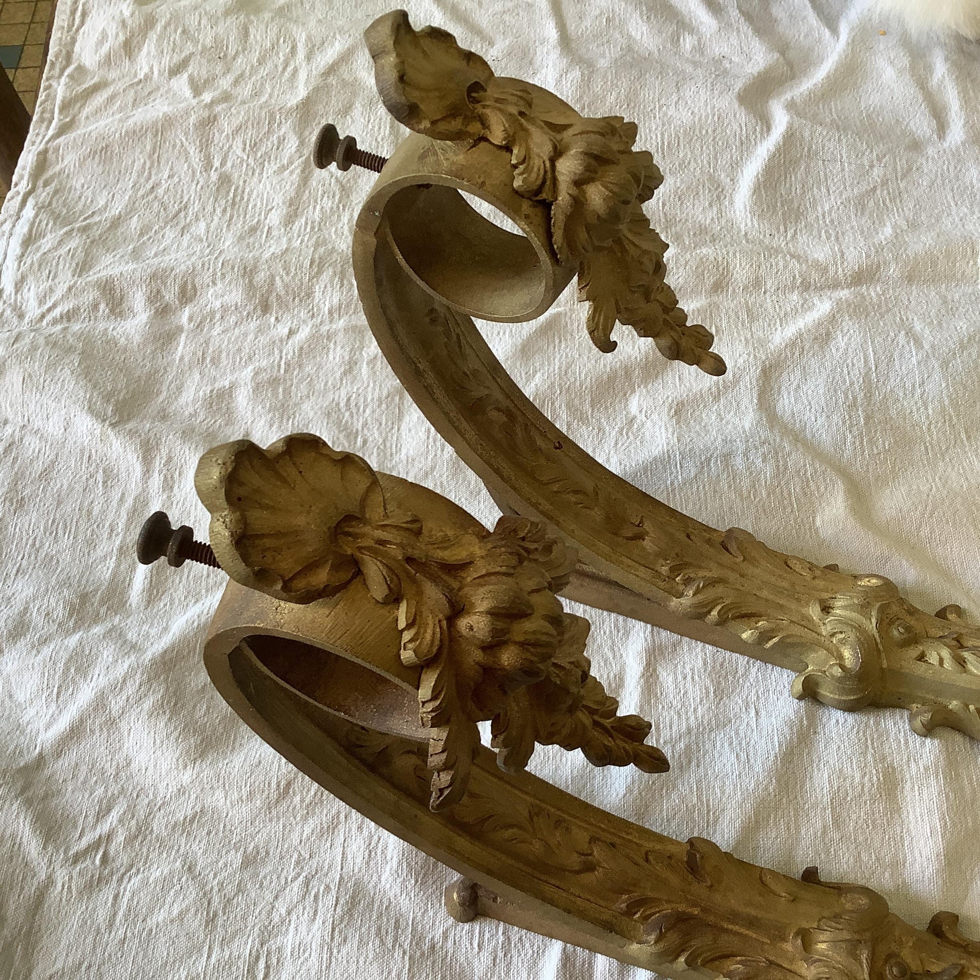 1900s Antique Chateau Sized one pair/ two pieces French Ormolu Gilded Curtain Pole holders 1900s Made in France