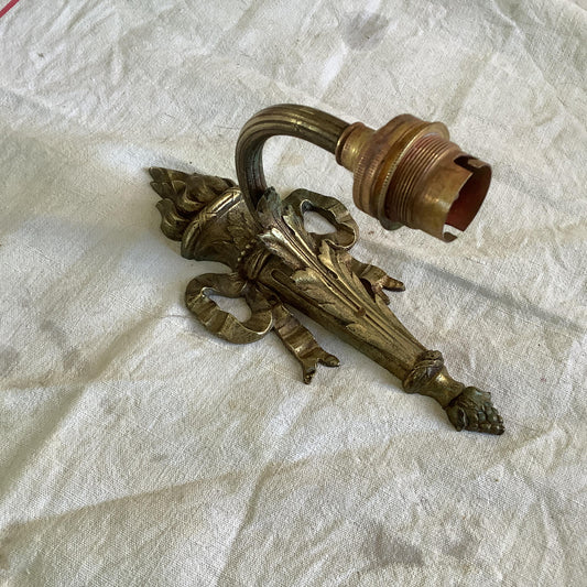 1920s Antique  Classical Single Gold Brass with Ribbon Wall Sconce Base Made in France Needs  to be Rewired