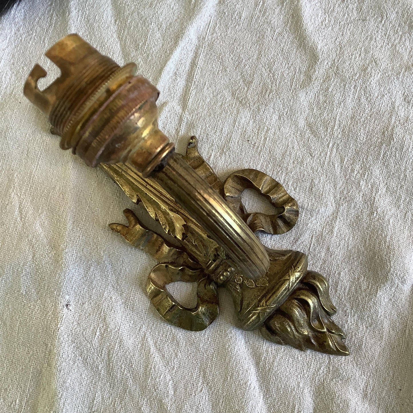 1920s Antique  Classical Single Gold Brass with Ribbon Wall Sconce Base Made in France Needs  to be Rewired