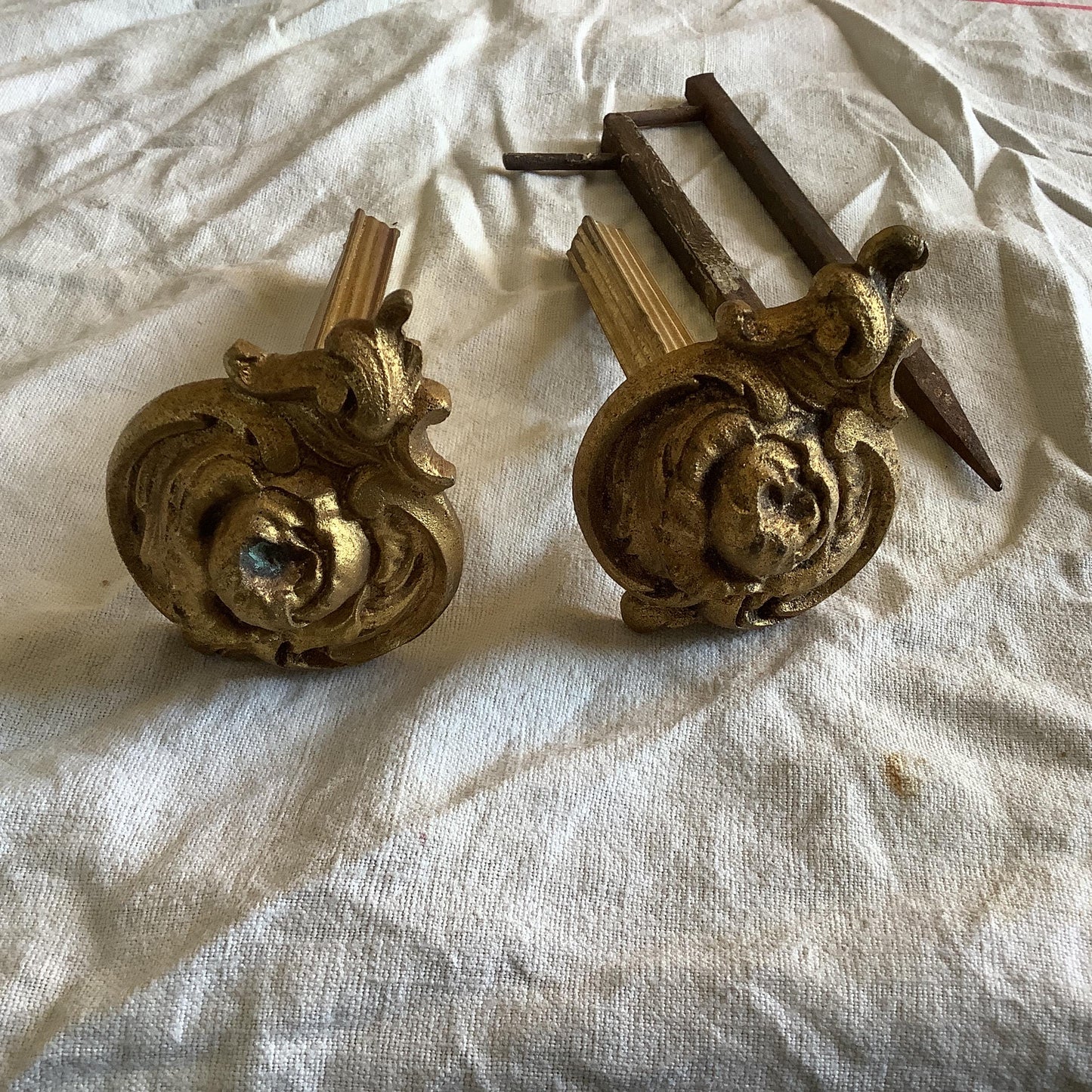 One pair of brass Antique 1920s large Classical French Curtain Tiebacks or curtain pole mounts made in France